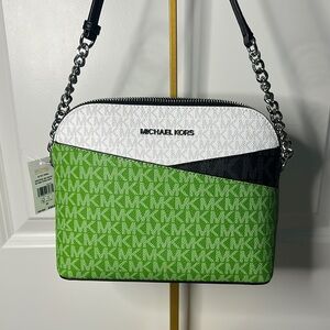 NWT Michael Kors Green and Black Jet Set Crossbody Bag with Monogram Design